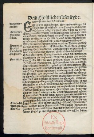 Dem Christlichen leser fryde. gnad Gottes durch Christum.