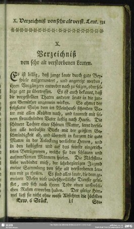 X. Verzeichniß von sehr alt verstorbenen Leuten