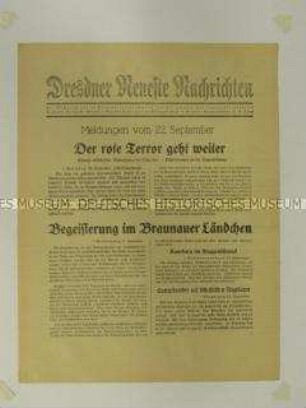 Nachrichtenblatt der "Dresdner Neueste Nachrichten" u.a. über Maßnahmen der tschechoslowakischen Armee und Miliz gegen den Aufstand der Sudetnendeutschen ("roter Terror")