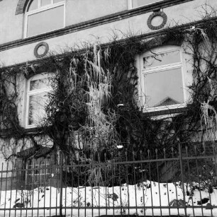 Kerns Internatsschule (Realschule): Königstraße: vorn Zaun: dahinter Hauswand mit Rankgewächs: darauf Eiszapfen in Form eines Wasserfalls: Winter