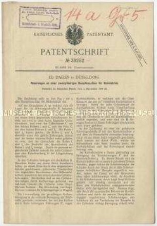 Patentschrift einer Neuerung an einer zweizylindrigen Dampfmaschine für Kleinbetriebe, Patent-Nr. 39252