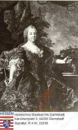 Maria Theresia Kaiserin v. Österreich (1717-1780) / Porträt, mit Zepter und Krone vor Landschaftshintergrund stehend, Kniestück