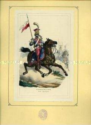 Uniformdarstellung, Ulan des 1. Ulanen-Regiments der Kaiserlichen Garde mit Lanzenflagge, Frankreich, 1812. Tafel 48 aus: Bellangé: Die Soldaten der französischen Republik und des Kaiserreichs.