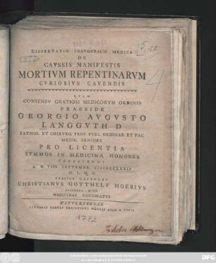 Dissertatio Inavgvralis Medica De Cavssis Manifestis Mortivm Repentinarvm Cvriosivs Cavendis