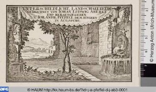 Titel: Landschaft mit Brunnen und Büste