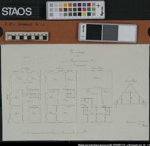 "Grundrisse von der vormals Tangermannschen Curie in Osnabrück. 3 Grundrisse udn 1 Profil Entnommen aus: Rep 350 Osn. III Nr. 128 Ausf.-Art: Farbige Zeichnung Herst.: Doeltz Format: 25 x 38 cm Maßstab: ca. 1 : 120