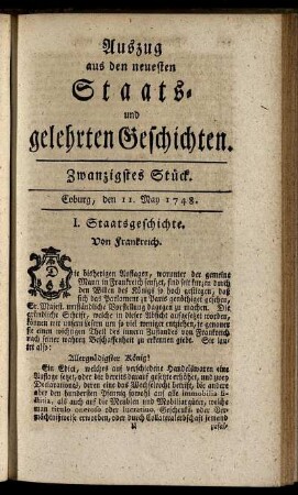 Zwanzigstes Stück. Coburg, den 11. May 1748.