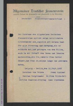 Glückwunschschreiben an Gertrud Bäumer