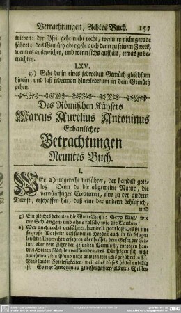 Des Römischen Käysers Marcus Aurelius Antoninus Erbaulicher Betrachtungen Neuntes Buch