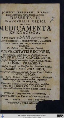 Josephi Bernardi Firbas Natione Bohemi, Patrica Strackonicensis Dissertatio Inavgvralis Medica sistens Medicamenta Emenagoga