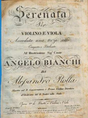 Serenata per violino e viola accordata una terza sotto : opera 8va de' duetti a violino e viola