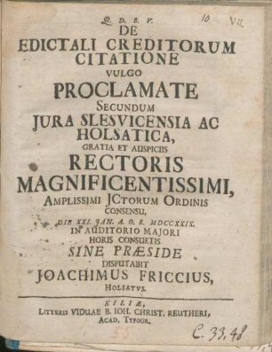 De Edictali Creditorum Citatione Vulgo Proclamate Secundum Jura Slesvicensia Ac Holsatica