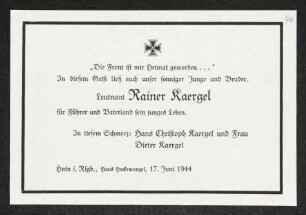 Brief von Hans Christoph Kaergel, Trude Kaergel und Dieter Kaergel an Gerhart Hauptmann