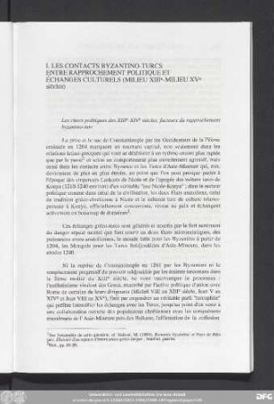 I. Les Contacts Byzantino-Turcs Entre Rapprochement Politique Et Échanges Culturels (Milieu XIIIe-Milieu XVe siècles)