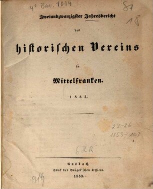 Jahresbericht des Historischen Vereins für Mittelfranken, 22. 1853