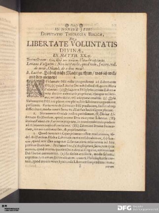 Disputatio Theologiae Biblicae, De Libertate Voluntatis Divinae.