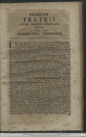 Flebilem Fratris Optimi Desideratissimique Obitum Ex Animo Luget Godofridus Thomasius