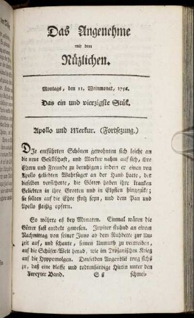 Das ein und vierzigste Stück. Montags, den 11. Weinmonat, 1756.