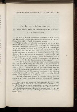 On the atavic index-characters vvith some remarks about the Classification of the Diptera
