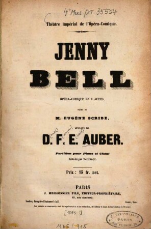 Jenny Bell : opéra-com. en 3 actes ; poe̋me de Eugène Scribe