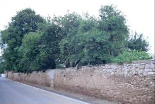 Natursteinmauer an der Rückseite des Waisenhausgeländes von der Straße aus