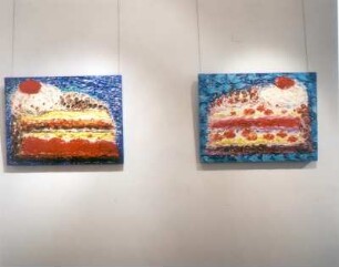 Tortenstück (l. und r.) : Skiba, Ansgar: Tortenstück (l. und r.). Mischtechnik; je 60 x 80 cm. 2007. Pulsnitz: Galerie im Geburtshaus Ernst Rietschels, Ausstellung Ansgar Skiba. Verlockungen und Zipora Rafaelov. Keren-Or vom 12.4.-1.6.2008