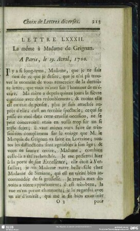 Lettre LXXXII. La même à Madame de Grignan. A Paris, le 19. Avril, 1700