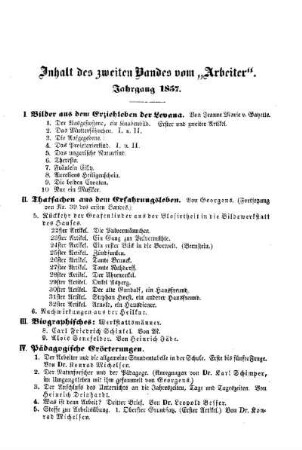 Inhalt des zweiten Bandes vom "Arbeiter". Jahrgang 1857
