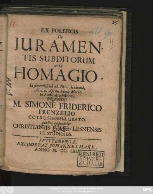 Ex Politicis De Iuramentis Subditorum alias Homagio