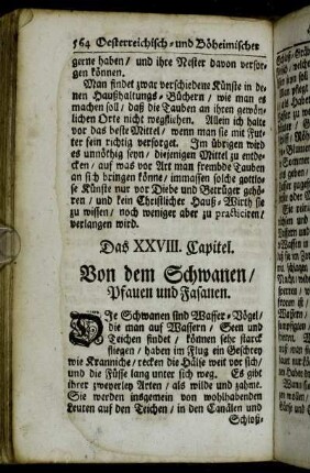 Das XXVIII. Capitel. Von dem Schwanen/ Pfauen und Fasanen