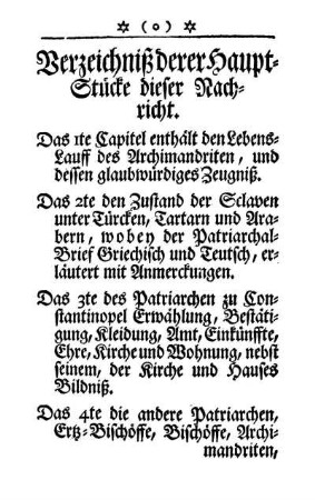 Verzeichniß derer Haupt-Stücke dieser Nachricht