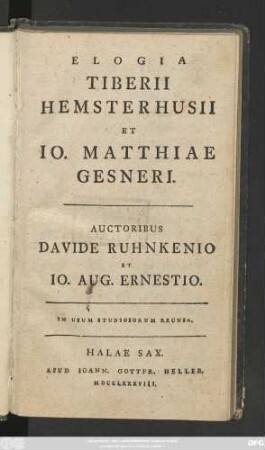 Elogia Tiberii Hemsterhusii Et Io. Matthiae Gesneri