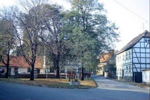 Platz an der Dorfkirche im Unterdorf; Baumgruppe, Häuser