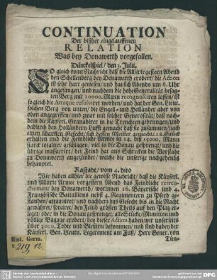 Continuation Der bißher eingelauffenen Relation Was bey Donawerth vorgefallen