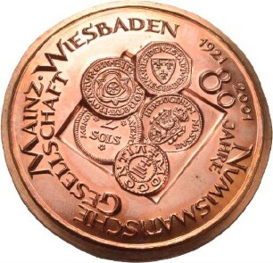 Medaille von Victor Huster für die Numismatische Gesellschaft Mainz / Wiesbaden auf ihr 80. Vereinsjubiläum und den 70. Geburtstag von Konrad Bech