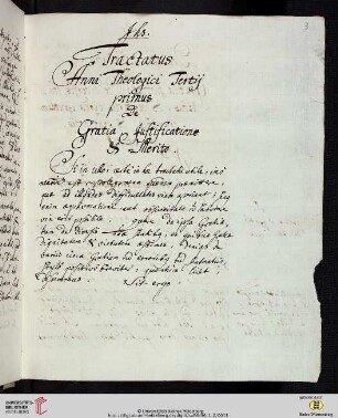 Tractatus Anni Theologici Terte primus De Gratia, Justificatione & Merito