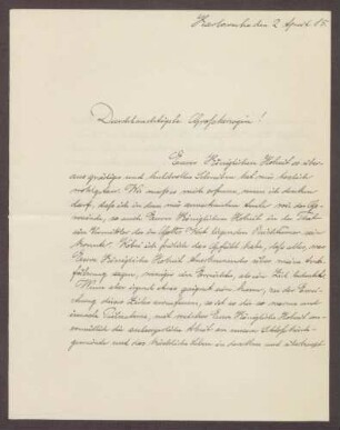 Schreiben von Ernst Fischer an die Großherzogin Luise; Dank für die Übersendung eines Schreibens