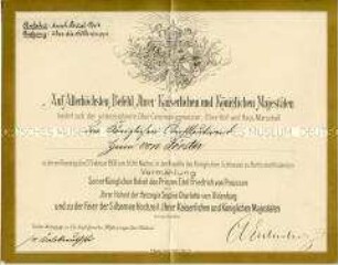 Einladung für den Oberstleutnant Sigismund von Förster zur Vermählung des preußischen Prinzen Eitel Friedrich mit Sophie Charlotte von Oldenburg und zur Feier der Silberhochzeit des Kaiserpaares am 27. Februar 1906
