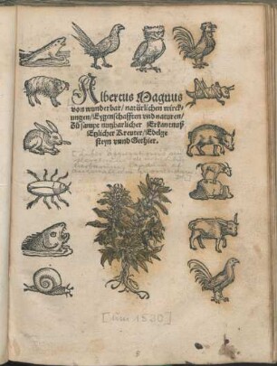 Albertus Magnus von wunderbar/ natürlichen wirckungen/ Eygenschafften vnd naturen/ Zu sampt nutzbarlicher Erkantnuß Etzlicher Kreuter/ Edelgesteyn vnnd Gethier