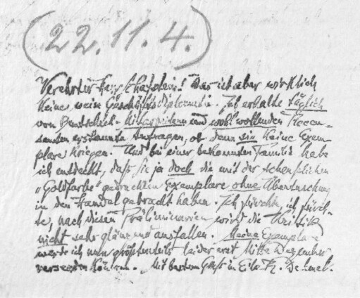 Brief an den Verlag Schafstein & Co