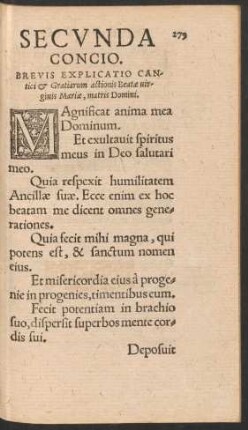 Secunda Concio. Brevis Explicatio Cantici et Gratiarum actionis Beatae virginis Mariae, matris Domini.