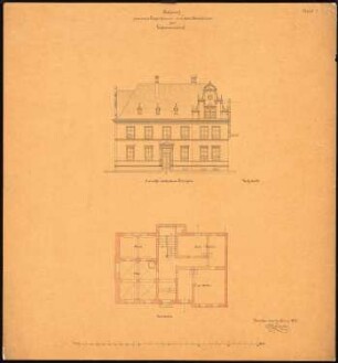 Herrenhaus, Gießmannsdorf Logierhaus: Grundriss Erdgeschoss, Aufriss zur Schlossseite, Maßstabsleiste (Meter)