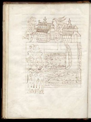 Federzeichnung: Kloster Vivarium mit seinen Fischgrotten