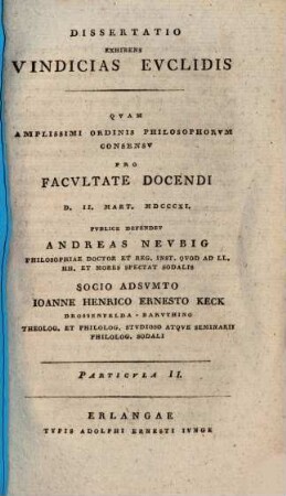 Diss. inaug. exhibens vindicias Euclidis, Particula II.