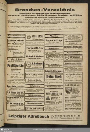 Branchen-Verzeichnis : Verzeichnis der Handel- und Gewerbetreibenden in Leipzig, Markleeberg, Böhlitz-Ehrenberg, Engelsdorf und Mölkau nach Erwerbs- bzw. Berufszweigen alphabetisch geordnet