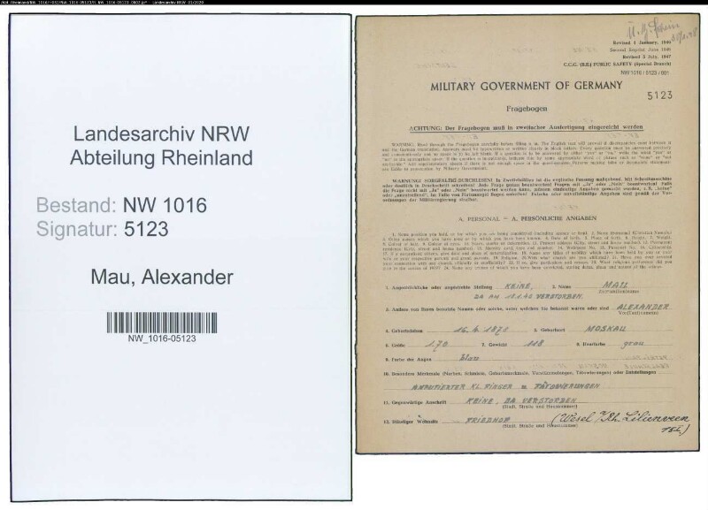 Entnazifizierung Alexander Mau , geb. 16.04.1878 ()