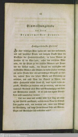 Einweihungsrede des Herrn Kramermeister Tenner