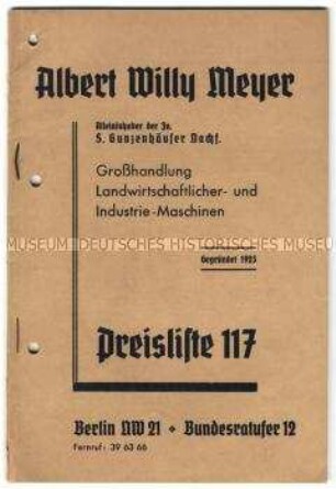Preisliste über landwirtschaftliche Geräte