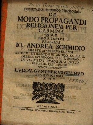 Dissertatio Historico Theologica De Modo Propagandi Religionem Per Carmina