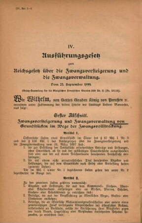 IV. Ausführungsgesetz zum Reichsgesetz über die Zwangsversteigerung und die Zwangsverwaltung. Vom 25. September 1899.